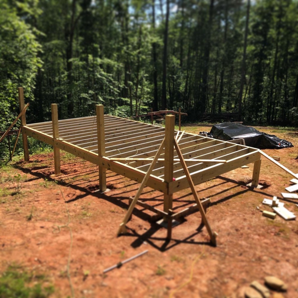First section of wooden yurt deck frame.